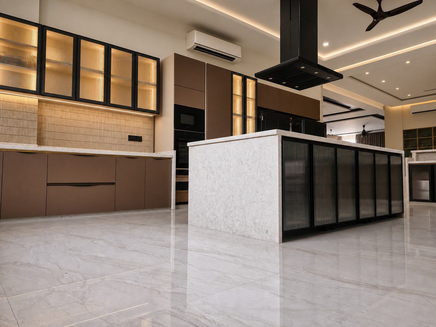Stone island and ribbed glass cabinetry