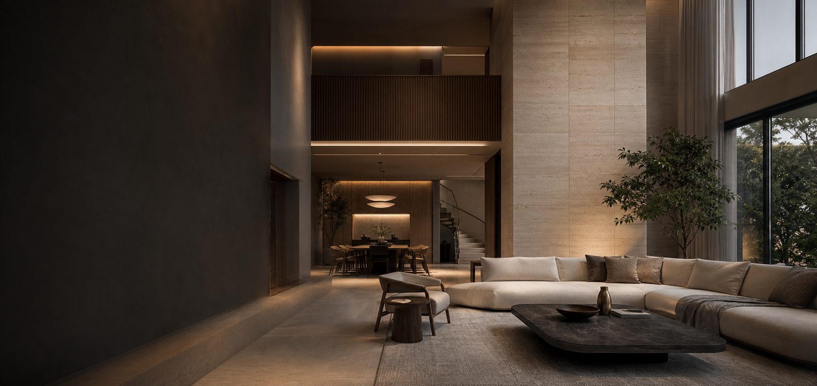 Layered living space with warm finishes